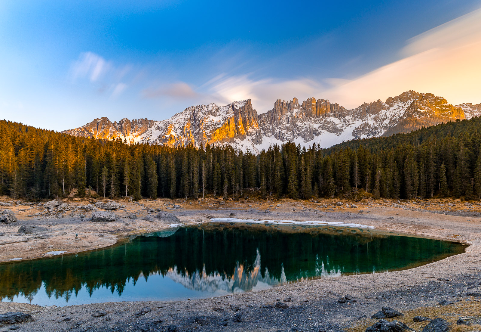 Dolomites Photography - Karersee with the view of Rosengarten and Latemar